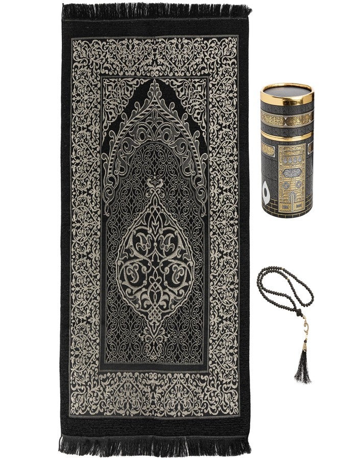 Modefa Turkish Islamic Prayer Mat | Thin Woven Chenille Janamaz Sajada | Muslim Gift Ramadan Eid with Tesbih Prayer Beads | Ottoman Rug with Cylinder Gift Box Set (Black with Box) - Image 2
